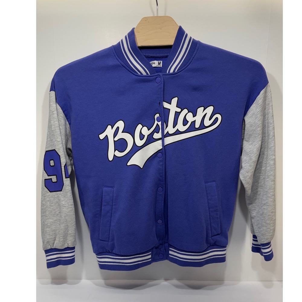 Refuge Athletics Boston Varsity Jacket Size M Purple Grey Snap Front Bomber 94